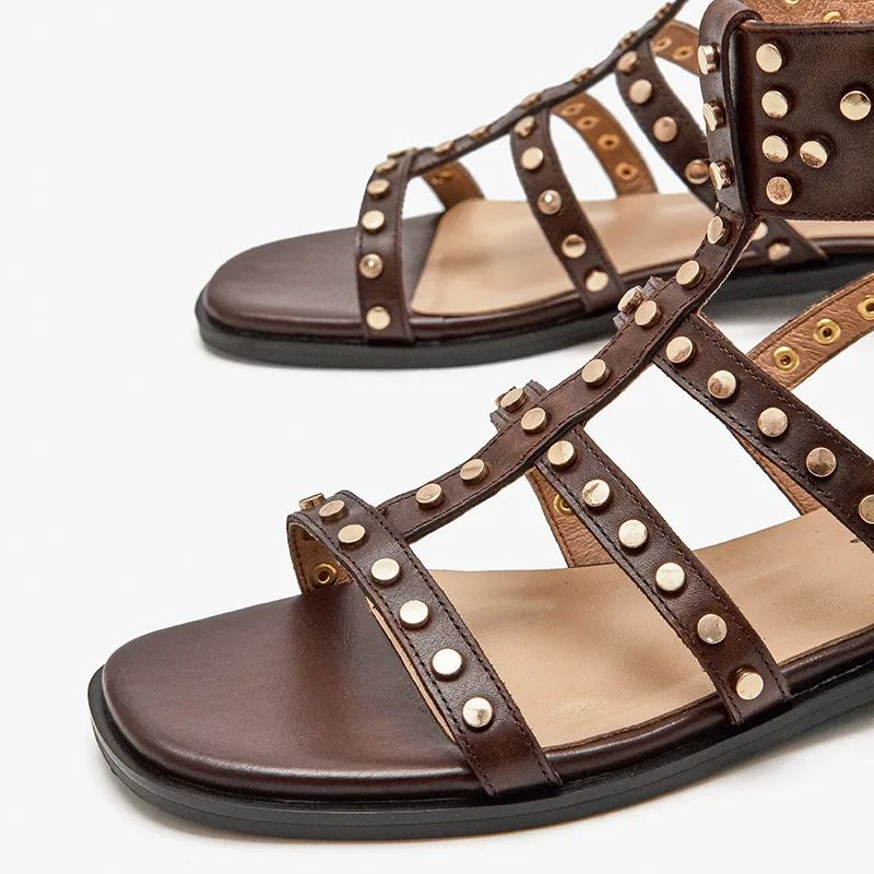 Bryony Naisten Nahkaiset Gladiator Flat Sandaalit - Musta