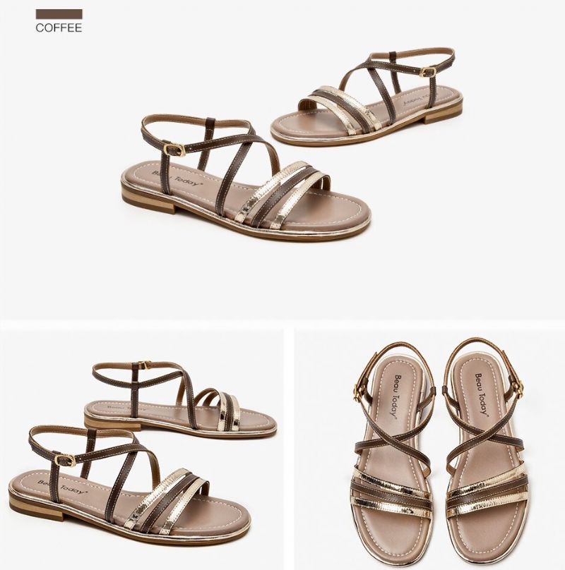 Polonia Naisten Nahkaiset Gladiator Flat Sandaalit - Kahvi