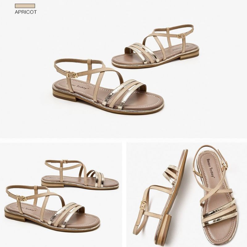 Polonia Naisten Nahkaiset Gladiator Flat Sandaalit - Kahvi
