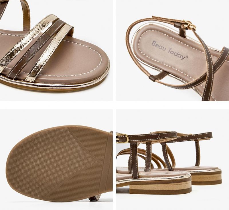 Polonia Naisten Nahkaiset Gladiator Flat Sandaalit - Kahvi