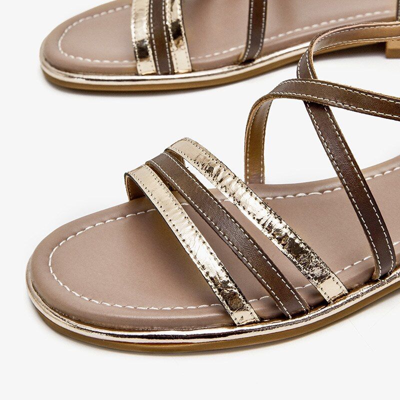 Polonia Naisten Nahkaiset Gladiator Flat Sandaalit - Kahvi