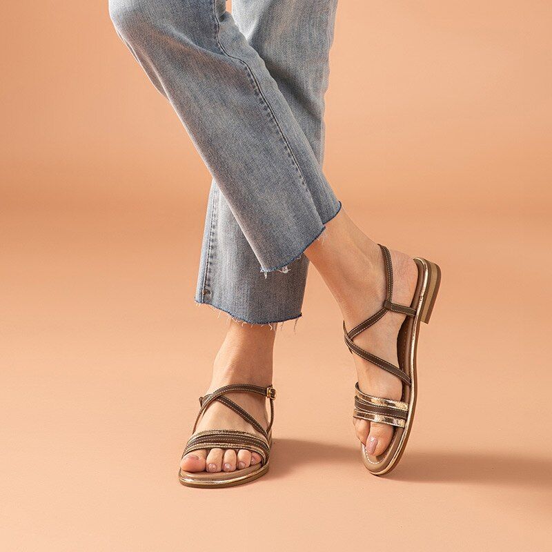Polonia Naisten Nahkaiset Gladiator Flat Sandaalit - Kahvi