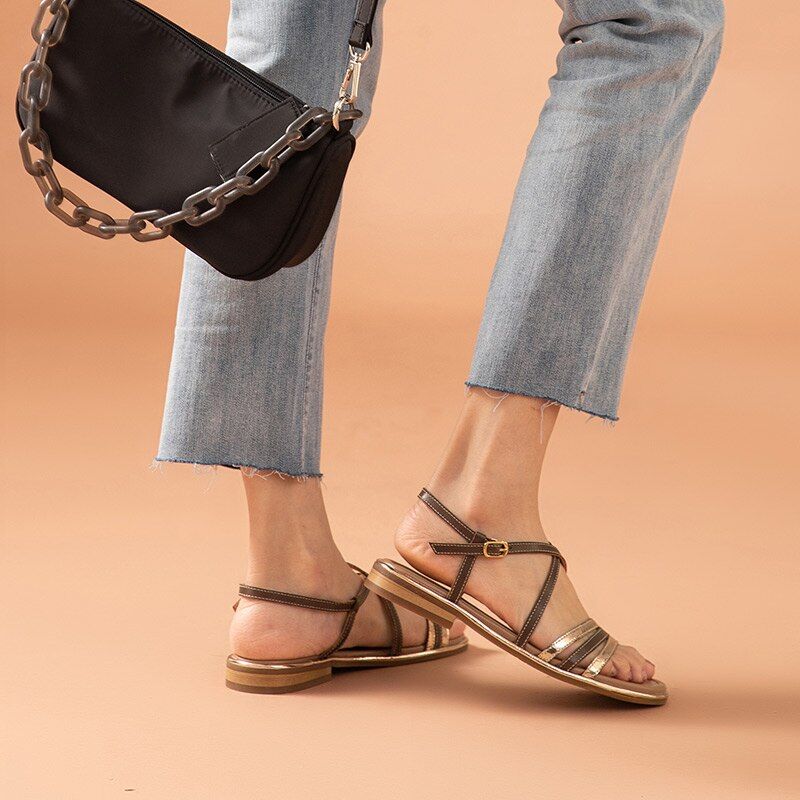 Polonia Naisten Nahkaiset Gladiator Flat Sandaalit - Kahvi