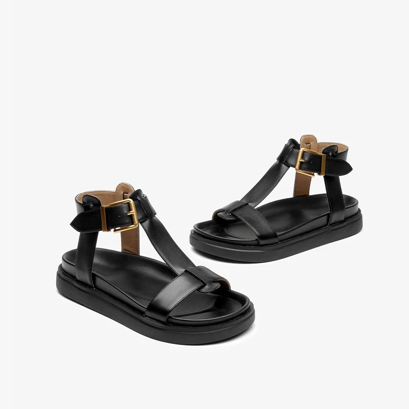 Sara Naisten T-strap-nahkasandaalit - Musta