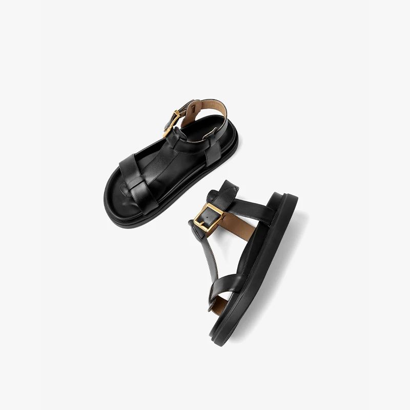 Sara Naisten T-strap-nahkasandaalit - Musta