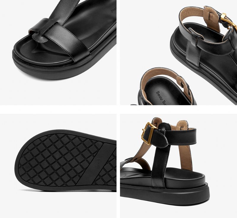 Sara Naisten T-strap-nahkasandaalit - Musta